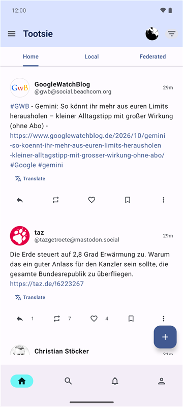 Startseite von Tootsie mit der Home-Timeline